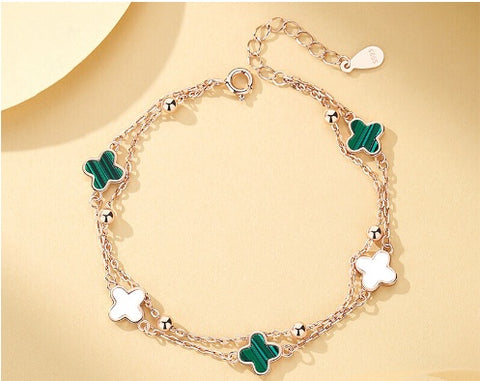 Bagley Malachite Clover Bracelet Women Hundred Wholesale S925 Sterling Silver Niche Design Double Layer Bracelet Rimantojewelry