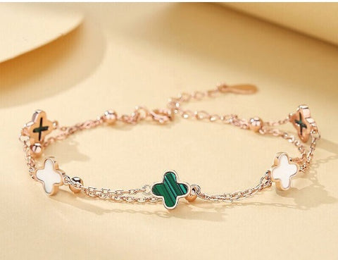 Bagley Malachite Clover Bracelet Women Hundred Wholesale S925 Sterling Silver Niche Design Double Layer Bracelet Rimantojewelry